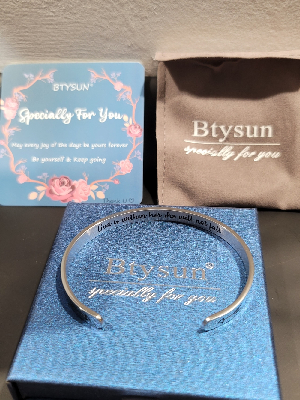 Silver Inspirational Cuff Bracelet - "God is within her"